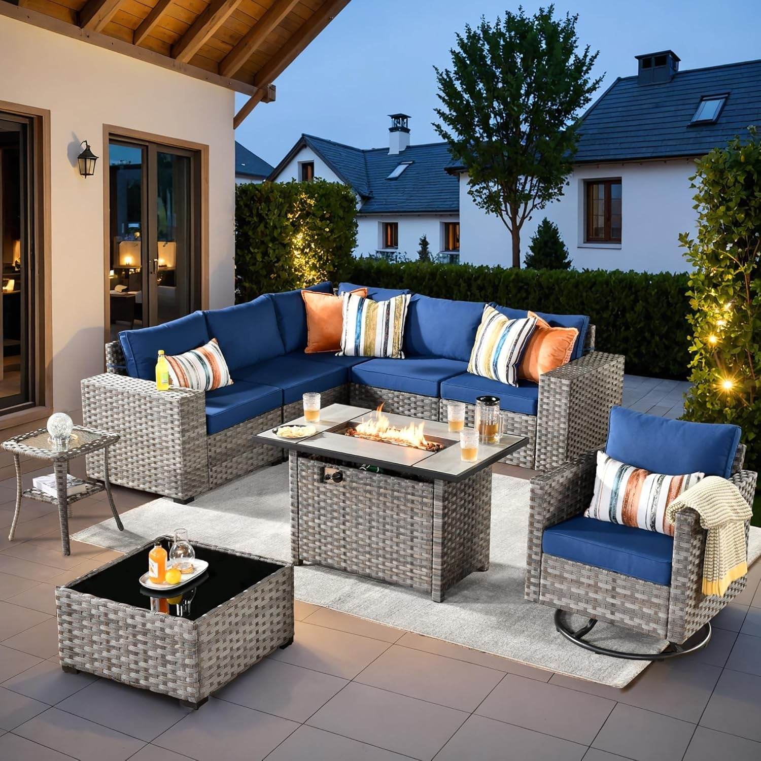 Nine-Piece Outdoor Wicker Sofa Set with Fire Pit Lounge Module-0