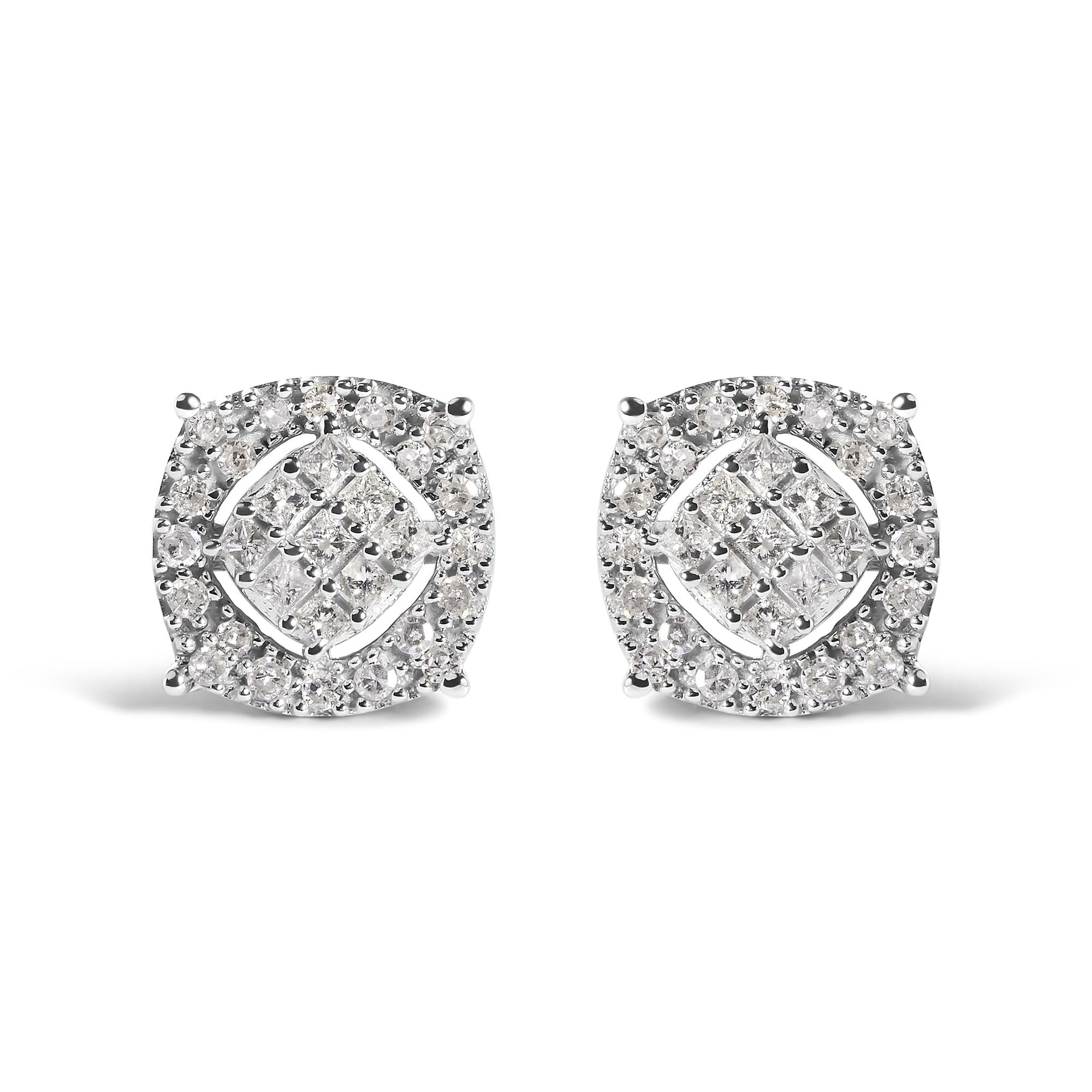 10K White Gold Diamond Cushion Shaped Stud Earrings with I-J Color Diamonds-0
